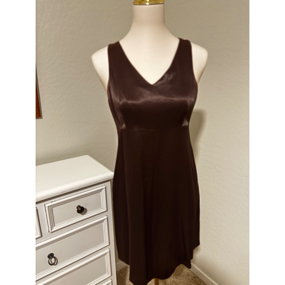 Jacob Brown Satin V-Neck Empire Waist Mini Dress Size 5 90s Vintage Style